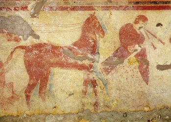 Két ló és egy zenész, Giustiniani sírjából, Kr.e. 5. század közepén (falfestmény)